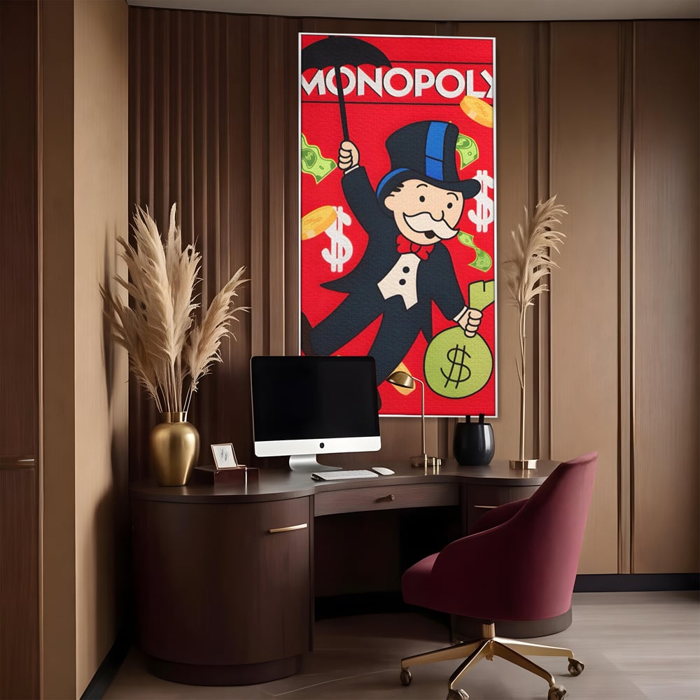 Tablou canvas cu tablou canvas cu domnul monopoly pe fond rosu, in rama de aluminiu argintiu, pe perete intr-un birou